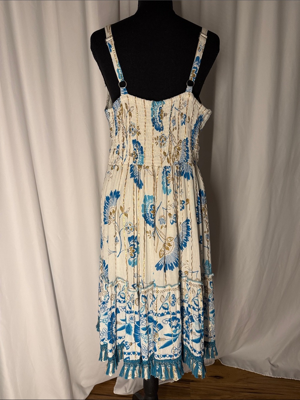 Blue & White Floral Midi Dress with Embroidered V-Neck - Picture 5 of 7